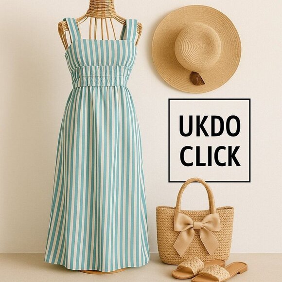 Green & White Striped Sleeveless Maxi Dress With Elastic Waist & Square Neckline - Picture 2 of 14